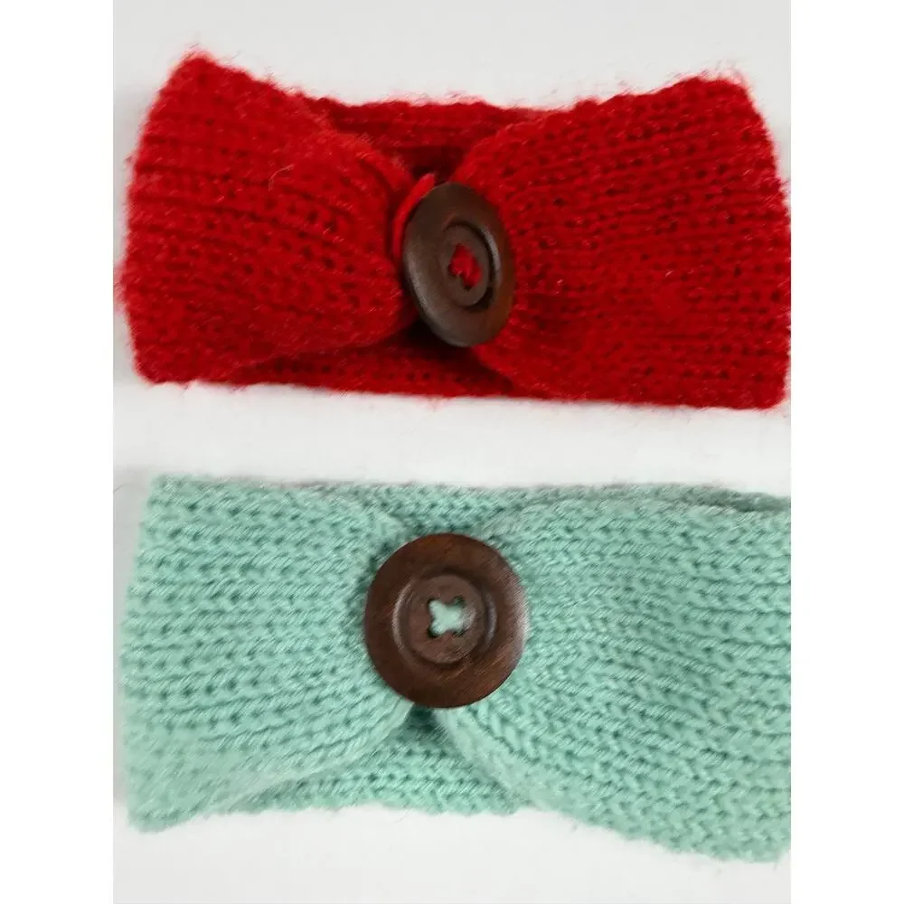 Handmade Toddler Knit Ear Warmer Winter Headband Bundle Wooden Button